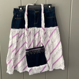 Vintage Prairie Skirt White Purple Floral Denim Old Navy Boho Cottage Soft Girl